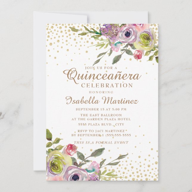 Invitación Quinceañera Purpurina dorada floral amarillo rosa (Anverso)
