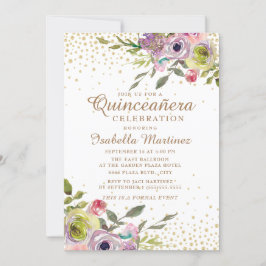 Invitación Quinceañera Purpurina dorada floral amarillo rosa