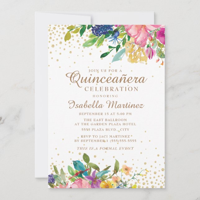 Invitación Quinceañera Purpurina dorada floral azul amarillo  (Anverso)