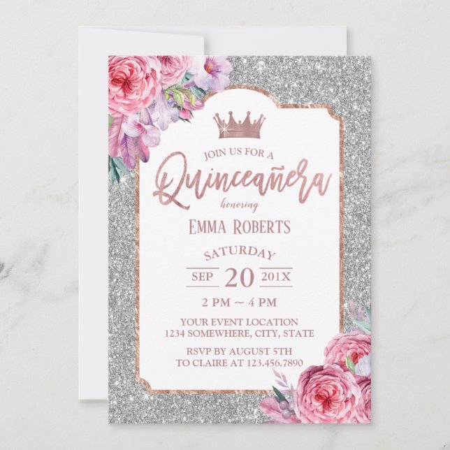 Invitación Quinceanera Purpurina floral plateado moderno Cump (Anverso)