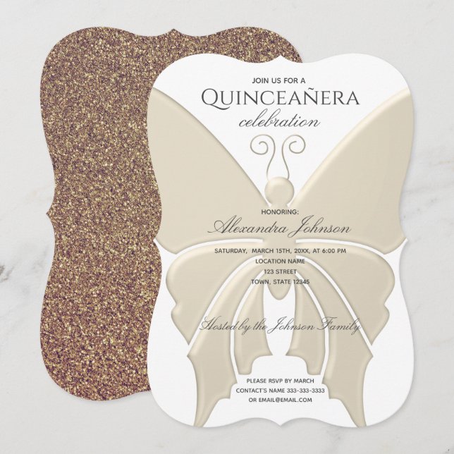 Invitación Quinceanera Purpurina Mariposa de Oro 15º cumpleañ (Anverso / Reverso)
