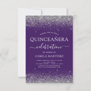 Invitación Quinceanera Purpurina moderno de color púrpura pla
