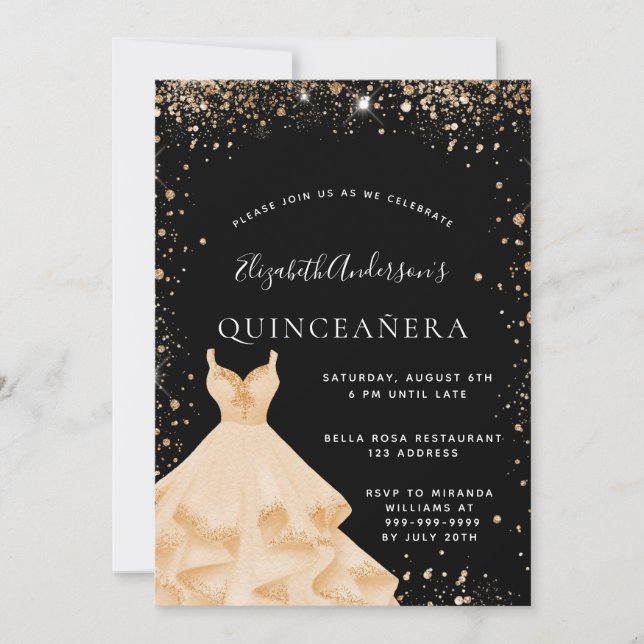 Invitación Quinceanera purpurina negro vestido de polvo (Anverso)