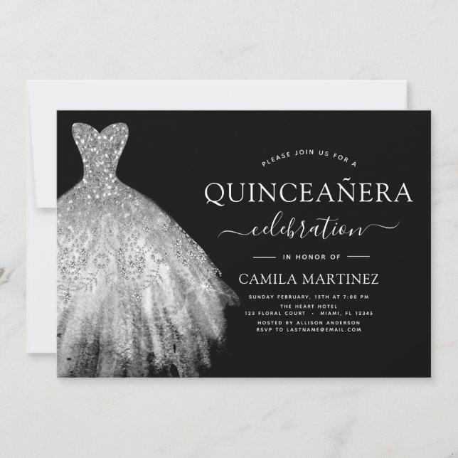 Invitación Quinceanera Purpurina negro y plateado (Anverso)