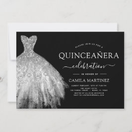 Invitación Quinceanera Purpurina negro y plateado
