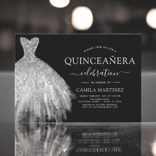 Invitación Quinceanera Purpurina negro y plateado