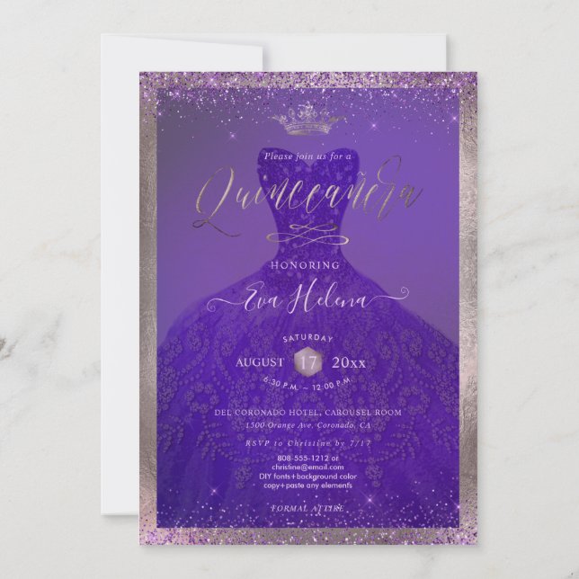 Invitación Quinceañera, Purpurina Princesa, ata violeta púrpu (Reverso)