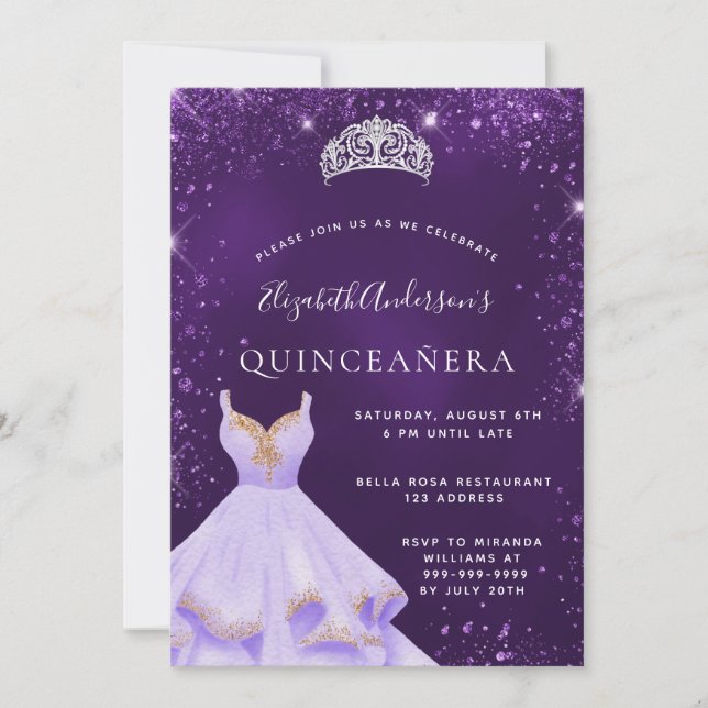 Invitación Quinceanera purpurina púrpura vestido de polvo tia (Anverso)