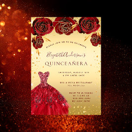 Invitación Quinceanera purpurina rojo vestido florines