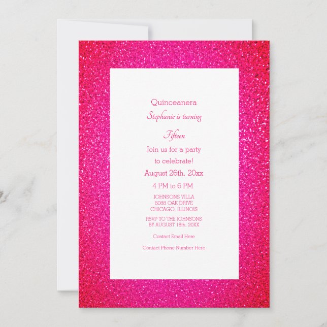 Invitación Quinceanera Purpurina Rosa 15ª fiesta de cumpleaño (Anverso)