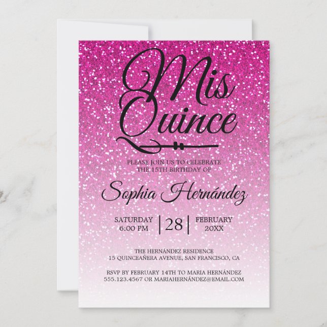 Invitación Quinceañera Purpurina Rosa Caliente 15º cumpleaños (Anverso)