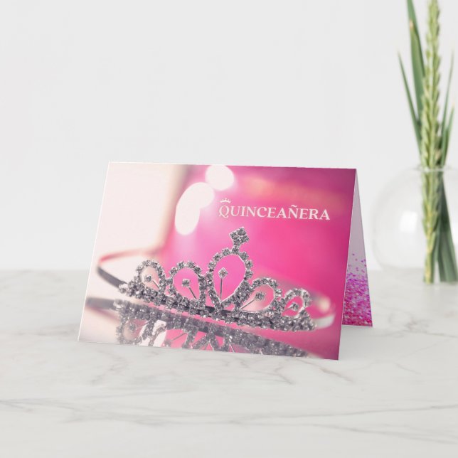 Invitación Quinceañera Purpurina rosado caliente vestido blan (Anverso)