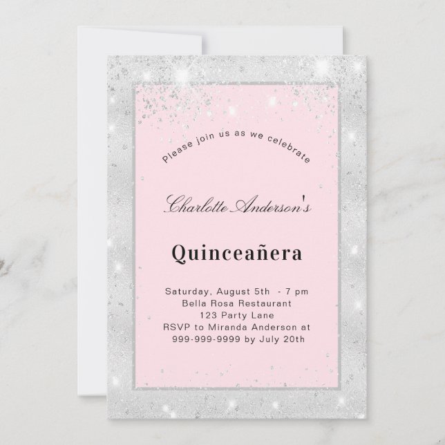 Invitación Quinceanera purpurina rosado de color plateado (Anverso)