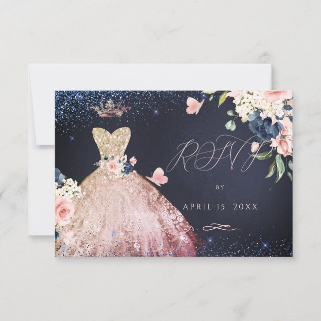 Invitación Quinceanera Purpurina RSVP Gown Ombre Rosa Gold (Anverso)