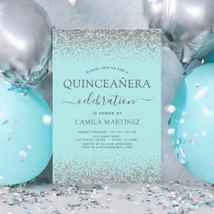 Invitación Quinceanera Purpurina Verde azulado de Plata Azul