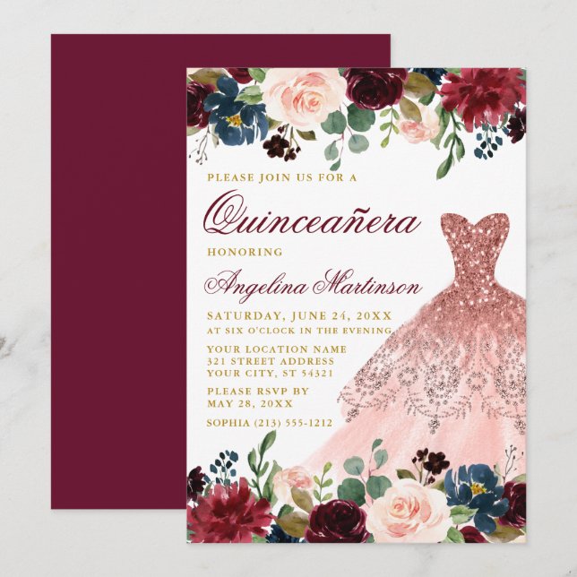 Invitación Quinceanera Purpurina Vestido Burgundy Floral Gold (Anverso / Reverso)