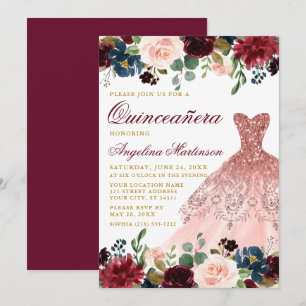Invitación Quinceanera Purpurina Vestido Burgundy Floral Gold