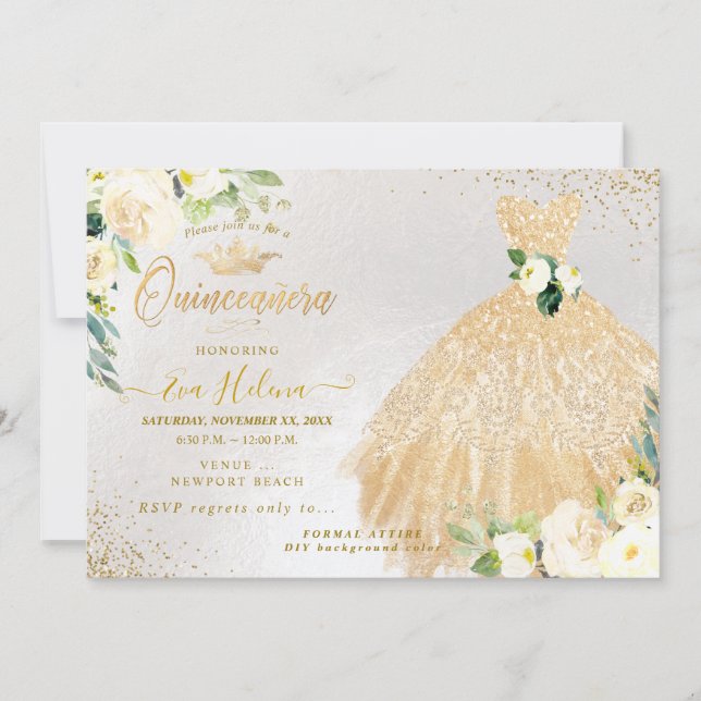Invitación Quinceañera, Purpurinas de oro Rosas de crema de o (Anverso)