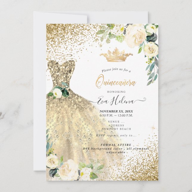 Invitación Quinceañera, Purpurinas de oro Rosas de crema de o (Reverso)