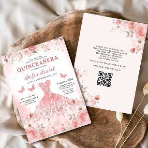 Invitación Quinceañera QR Code Rubor Rosa Floral rosa