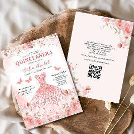 Invitación Quinceañera QR Code Rubor Rosa Floral rosa