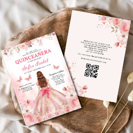 Invitación Quinceañera QR Code Rubor Rosa Floral rosa