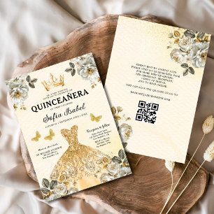 Invitación Quinceanera QR Código Princesa de oro floral