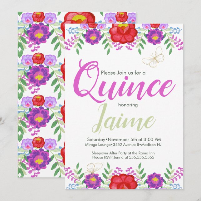 Invitación Quinceanera Quince acuarela Flora Rosa Blanco (Anverso / Reverso)