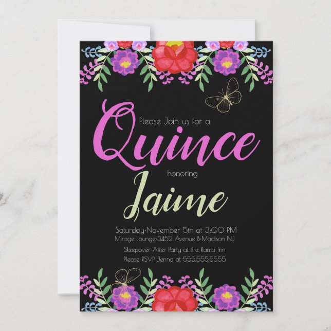 Invitación Quinceanera Quince acuarela Flora Rosa Negro (Anverso)