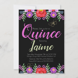 Invitación Quinceañera Quince Acuarela Floral Rosa Negro
