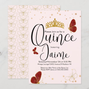 Invitación Quinceañera Quince Aquarela Mariposas Rosa Rojo