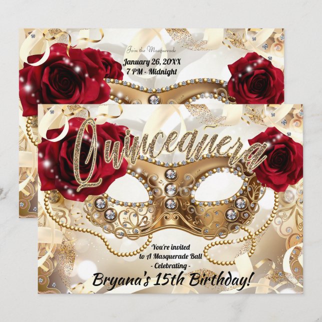 Invitación Quinceañera Quince Cream Gold Masquerade Fiesta (Anverso / Reverso)