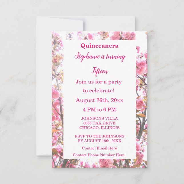 Invitación Quinceanera Quince cumpleaños Floral de cerezo ros (Anverso)
