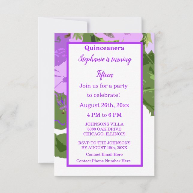 Invitación Quinceanera Quince cumpleaños Morado Floral Cuta (Anverso)