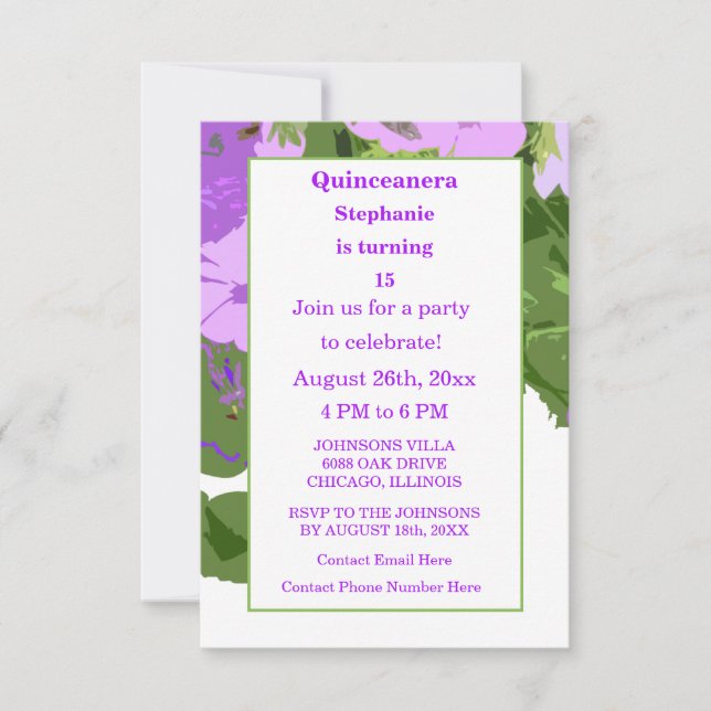 Invitación Quinceanera Quince cumpleaños Morado Floral Girona (Anverso)
