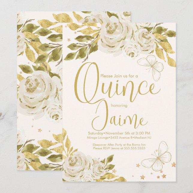 Invitación Quinceanera Quince Watercolor Mariposas Marfil (Anverso / Reverso)