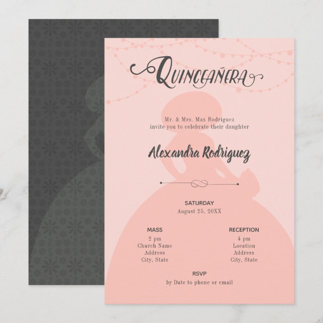Invitación Quinceanera Quinceanera, Charro de acero y rosa de (Anverso / Reverso)