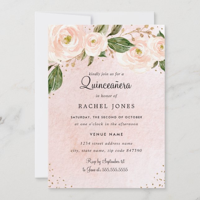 Invitación Quinceanera Quinceanera floral de oro rosado de Ru (Anverso)
