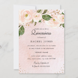 Invitación Quinceanera Quinceanera floral de oro rosado de Ru