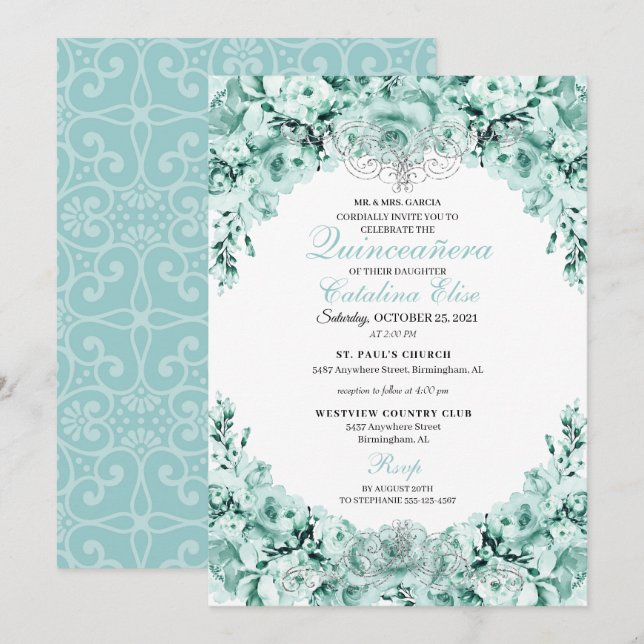 Invitación Quinceanera Quinceanera floral verde (Anverso / Reverso)