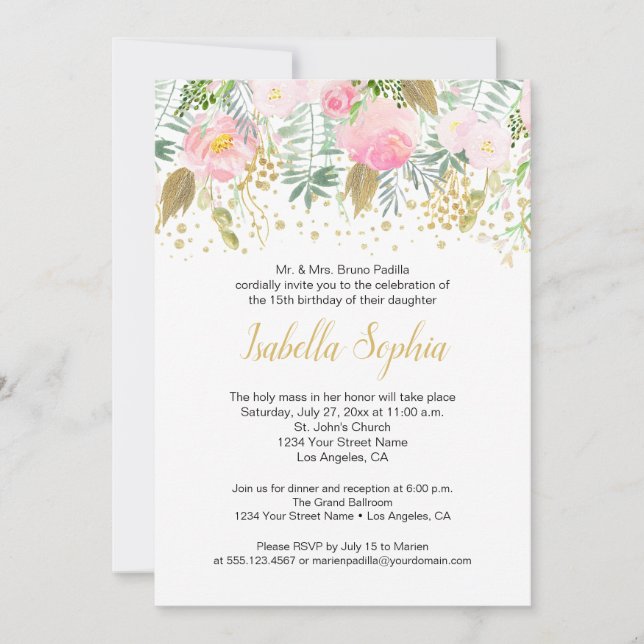 Invitación Quinceanera Quinceanera, Purpurina de oro de las r (Anverso)
