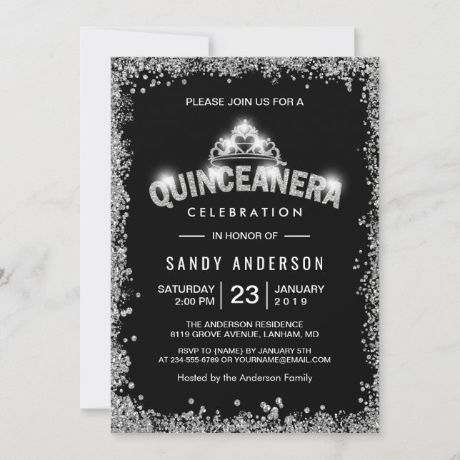 Invitación Quinceanera Quinceanera Purpurinas de Plata Negra  (Anverso)
