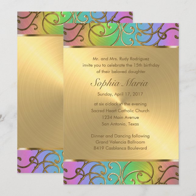 Invitación Quinceanera Rainbow and Gold Filigree Swirls (Anverso / Reverso)