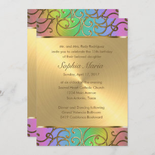 Invitación Quinceanera Rainbow and Gold Filigree Swirls