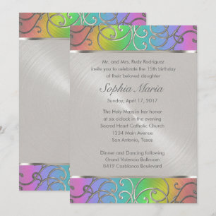Invitación Quinceanera Rainbow y Silver Filigree Swift