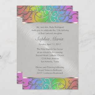 Invitación Quinceanera Rainbow y Silver Filigree Swift