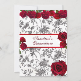 Invitación Quinceañera raso rojo rosas rojas toile negro blan