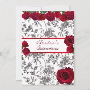 Invitación Quinceañera raso rojo rosas rojas toile negro blan