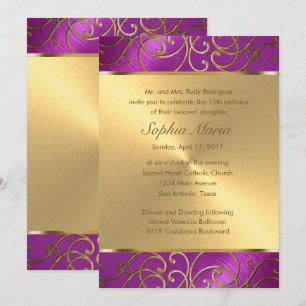 Invitación Quinceanera Raspberry Oro Rosa Filigree Swirls