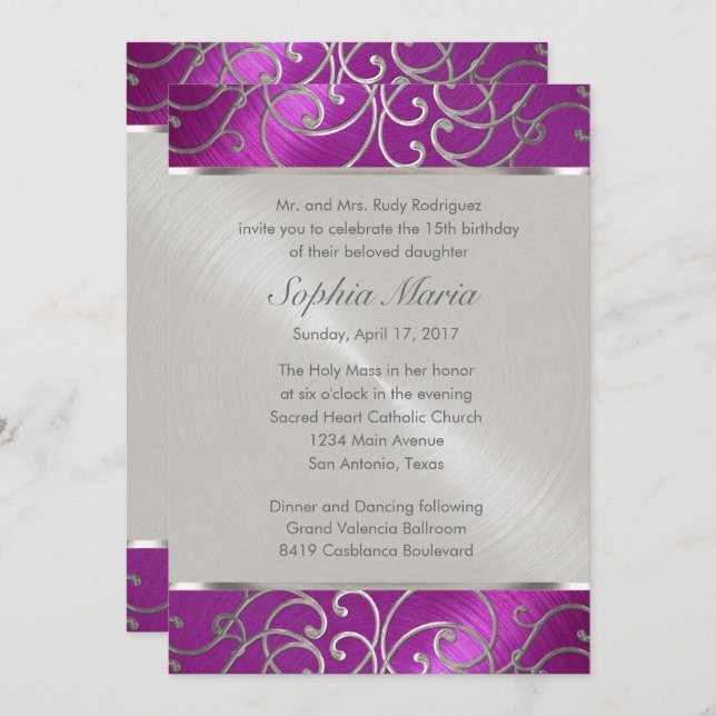 Invitación Quinceanera Raspberry y Silver Filigree Swirls (Anverso / Reverso)